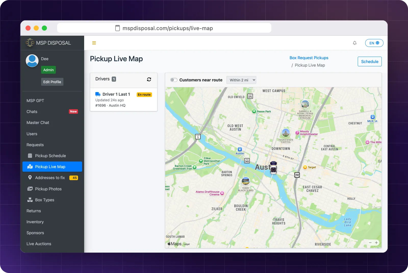 The MSP Disposal logistics live map showing a driver en route to a pickup