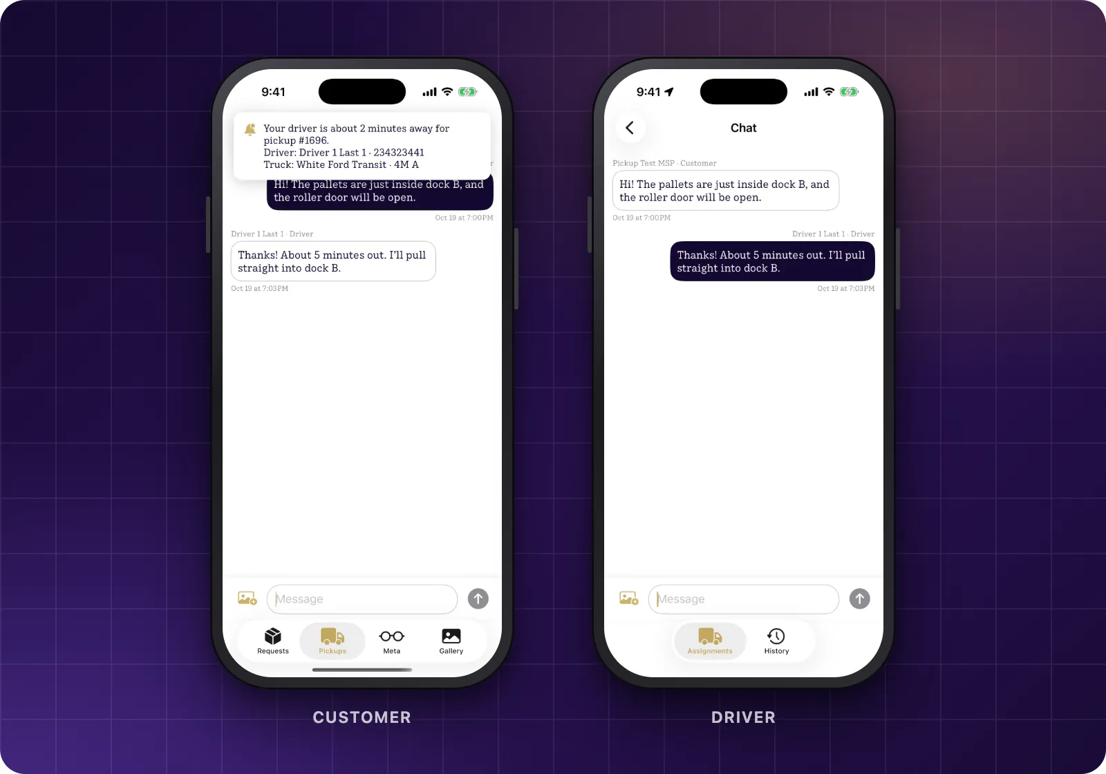 Pickup chat between a customer and driver on two iPhones, with an almost-there alert naming the driver and truck