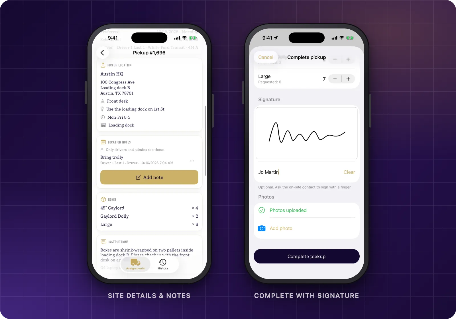 The driver app showing site details and location notes, and the completion sheet with box counts, an on-site signature and photos