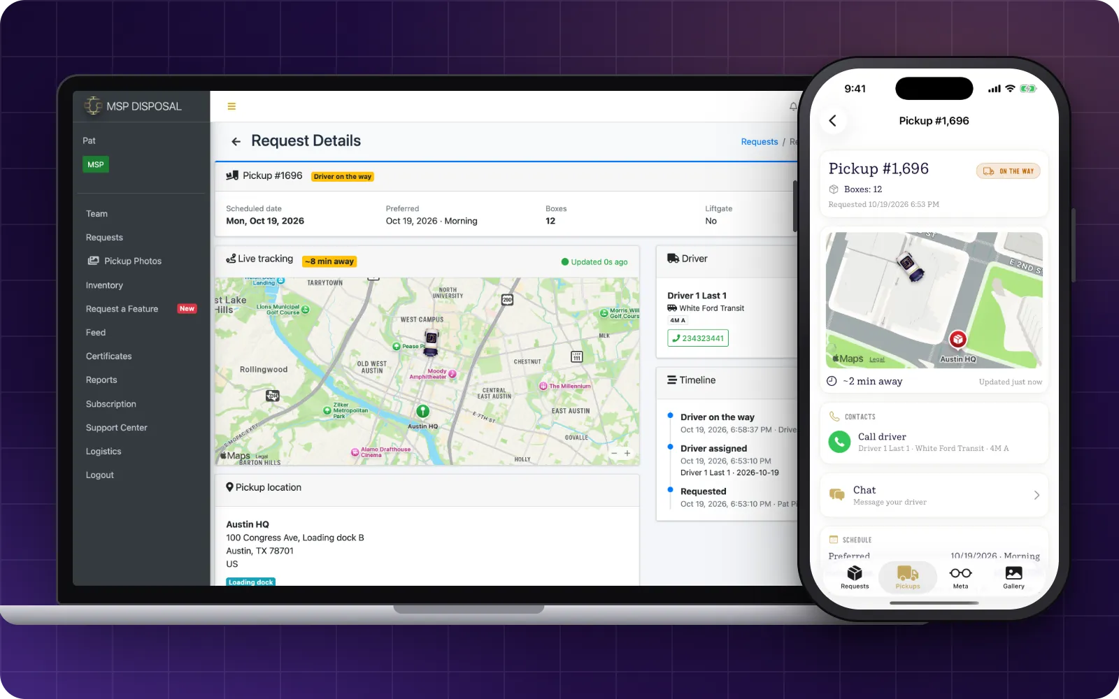A Box Request Pickup open in the MSP Disposal web portal and iOS app, both showing the truck on a live map with its ETA