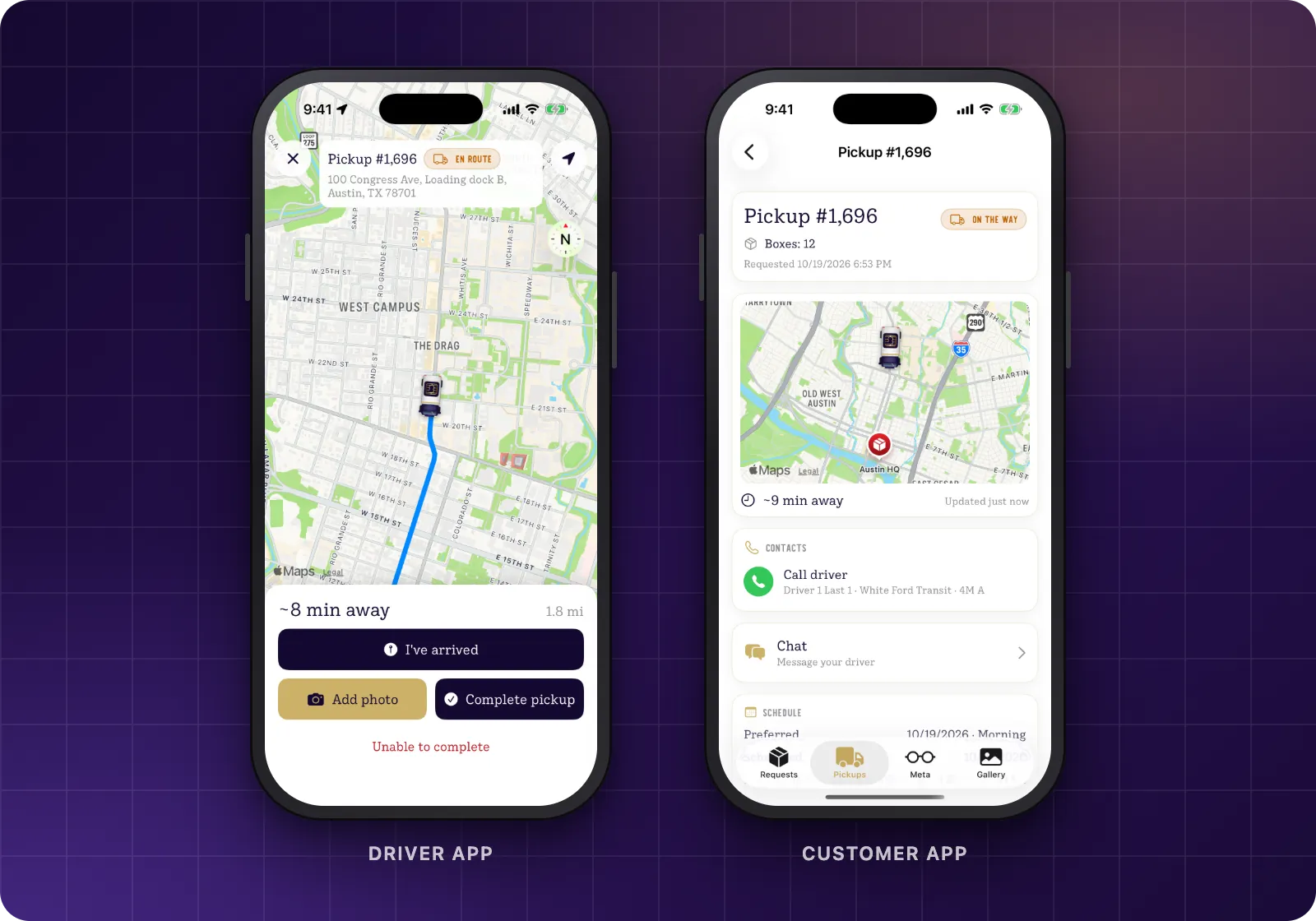 Two iPhones: the driver app navigating to the pickup with a live ETA, and the customer app showing the truck approaching