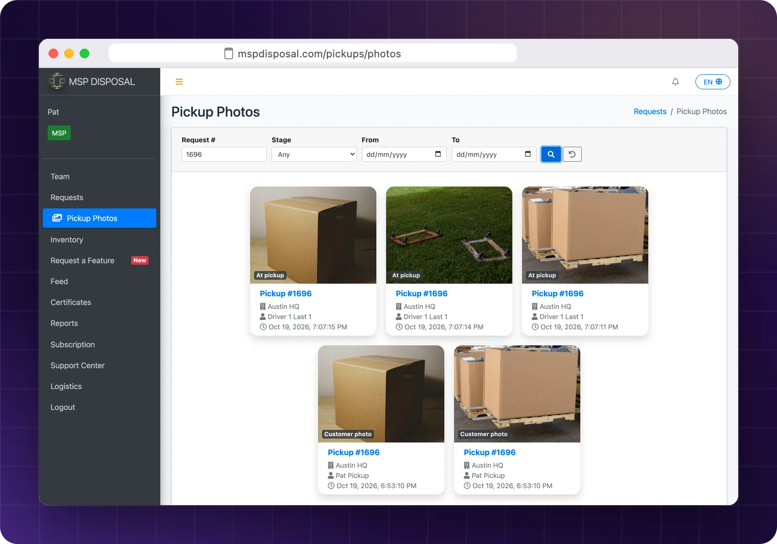 The Pickup Photos gallery in the web portal filtered to one request, showing pickup and customer photos