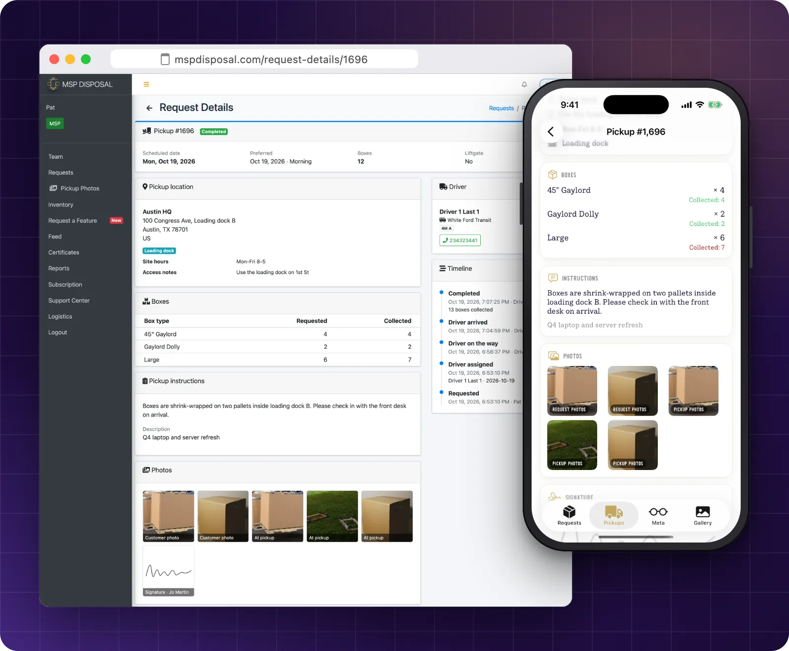 A completed pickup on the web and in the iOS app with requested and collected box counts, pickup photos, the on-site signature and the timeline