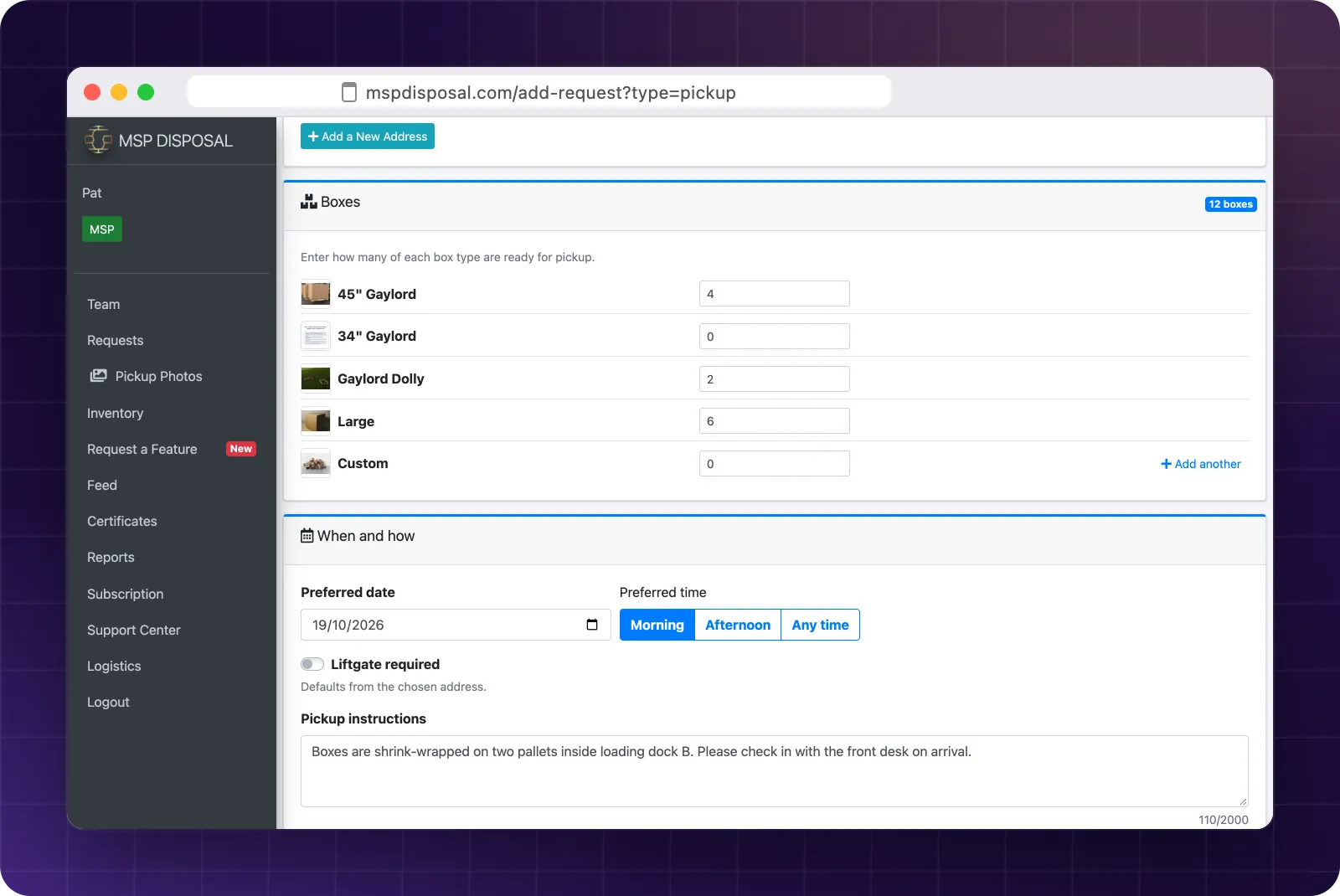 The Box Request Pickup form in the web portal with box types, quantities, preferred date and time, and pickup instructions