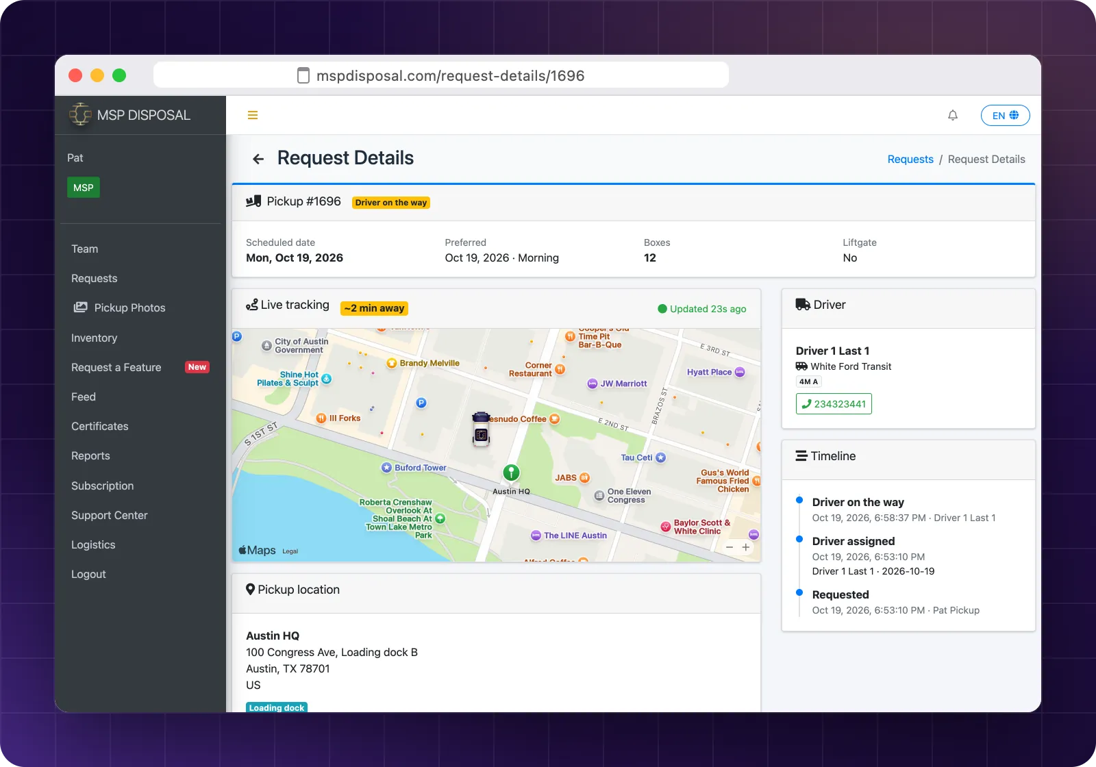 A pickup in the web portal showing live tracking with the truck two minutes from the pickup address, the driver's details and the timeline